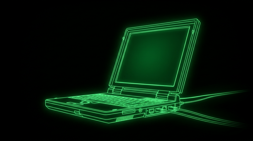 Green outline of an open laptop with blank screen