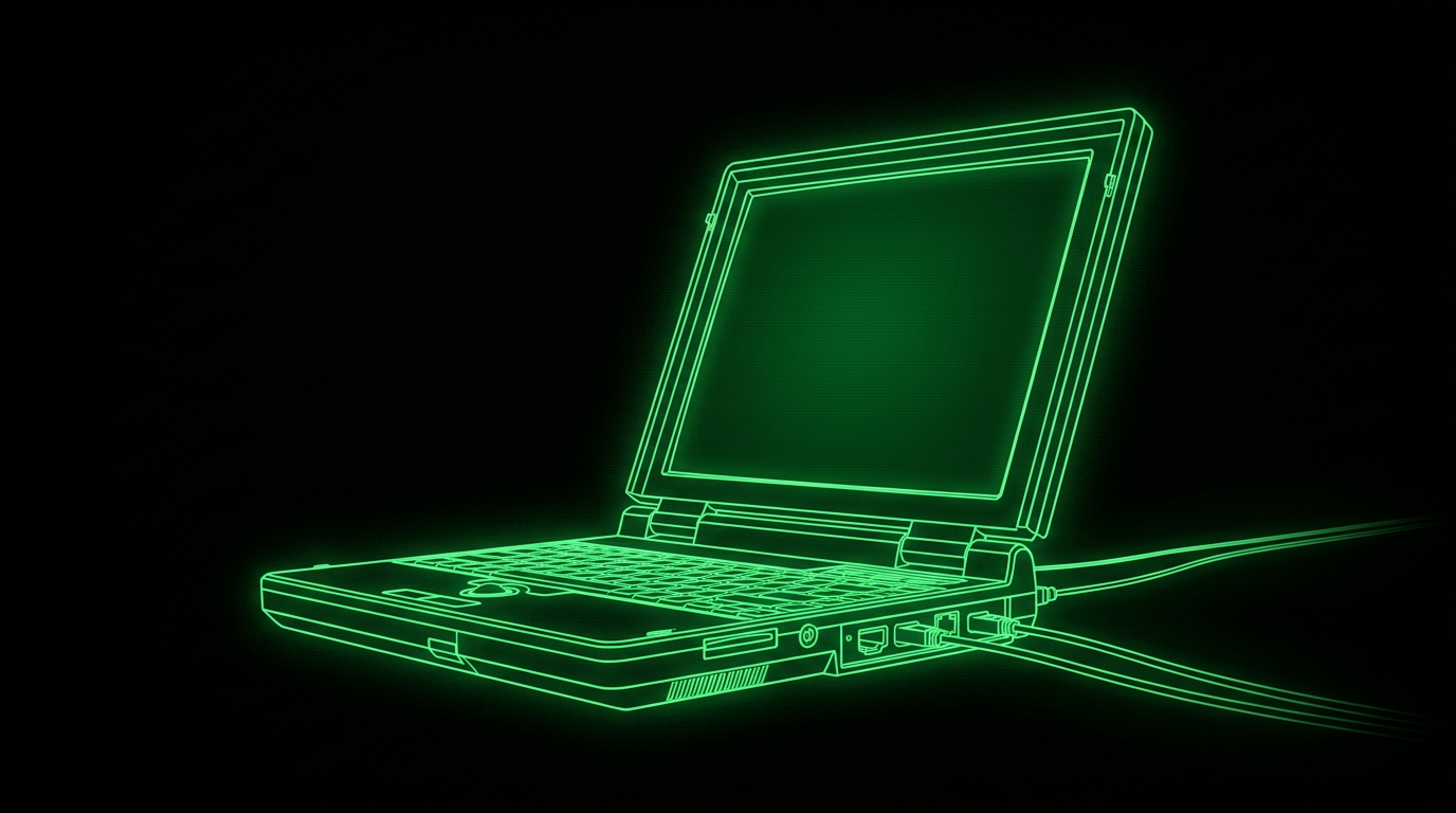 Green outline of an open laptop with blank screen