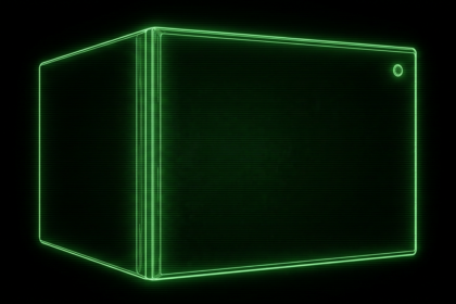 Blank green wireframe server enclosure with one status light