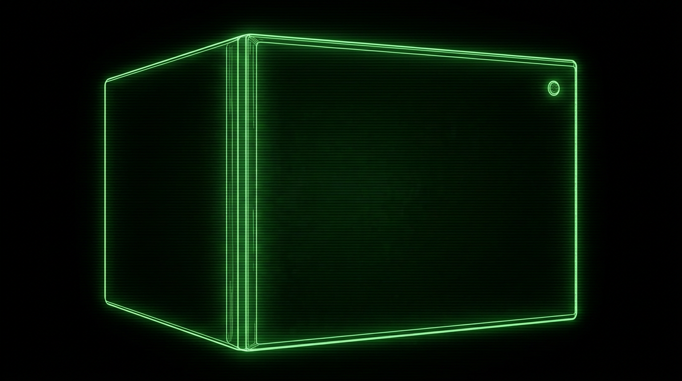Blank green wireframe server enclosure with one status light