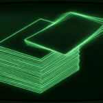 Green wireframe stack of blank sheets with top sheet sliding off