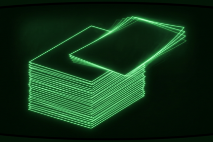 Green wireframe stack of blank sheets with top sheet sliding off