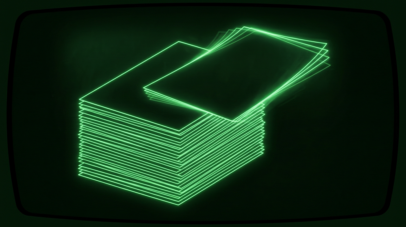 Green wireframe stack of blank sheets with top sheet sliding off