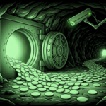 Open vault spilling blank discs in a dark cavern, monochrome green illustration