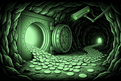 Open vault spilling blank discs in a dark cavern, monochrome green illustration
