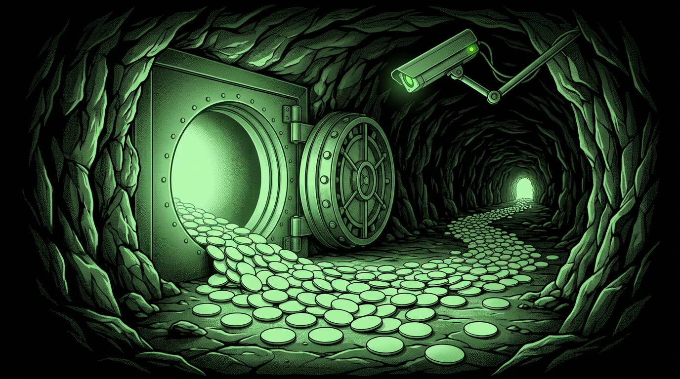 Open vault spilling blank discs in a dark cavern, monochrome green illustration