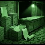 Alley stall stacked with blank magazines and paper, monochrome green illustration