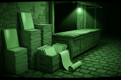 Alley stall stacked with blank magazines and paper, monochrome green illustration