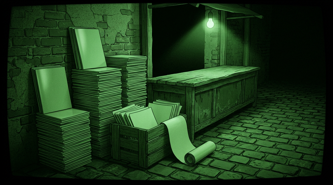 Alley stall stacked with blank magazines and paper, monochrome green illustration