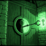 Mechanical arm reaching through a fortress keyhole, monochrome green illustration