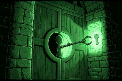 Mechanical arm reaching through a fortress keyhole, monochrome green illustration