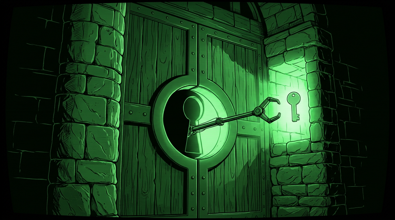 Mechanical arm reaching through a fortress keyhole, monochrome green illustration