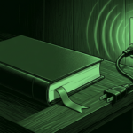 Book whose bookmark ribbon becomes a power cable into a wall socket, monochrome green illustration