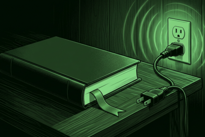 Book whose bookmark ribbon becomes a power cable into a wall socket, monochrome green illustration