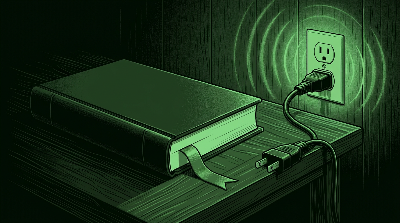 Book whose bookmark ribbon becomes a power cable into a wall socket, monochrome green illustration