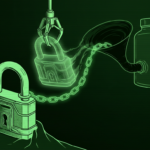 Ghost padlock pulled through a funnel by a mechanical claw, monochrome green illustration