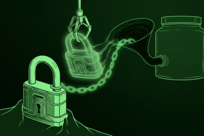 Ghost padlock pulled through a funnel by a mechanical claw, monochrome green illustration