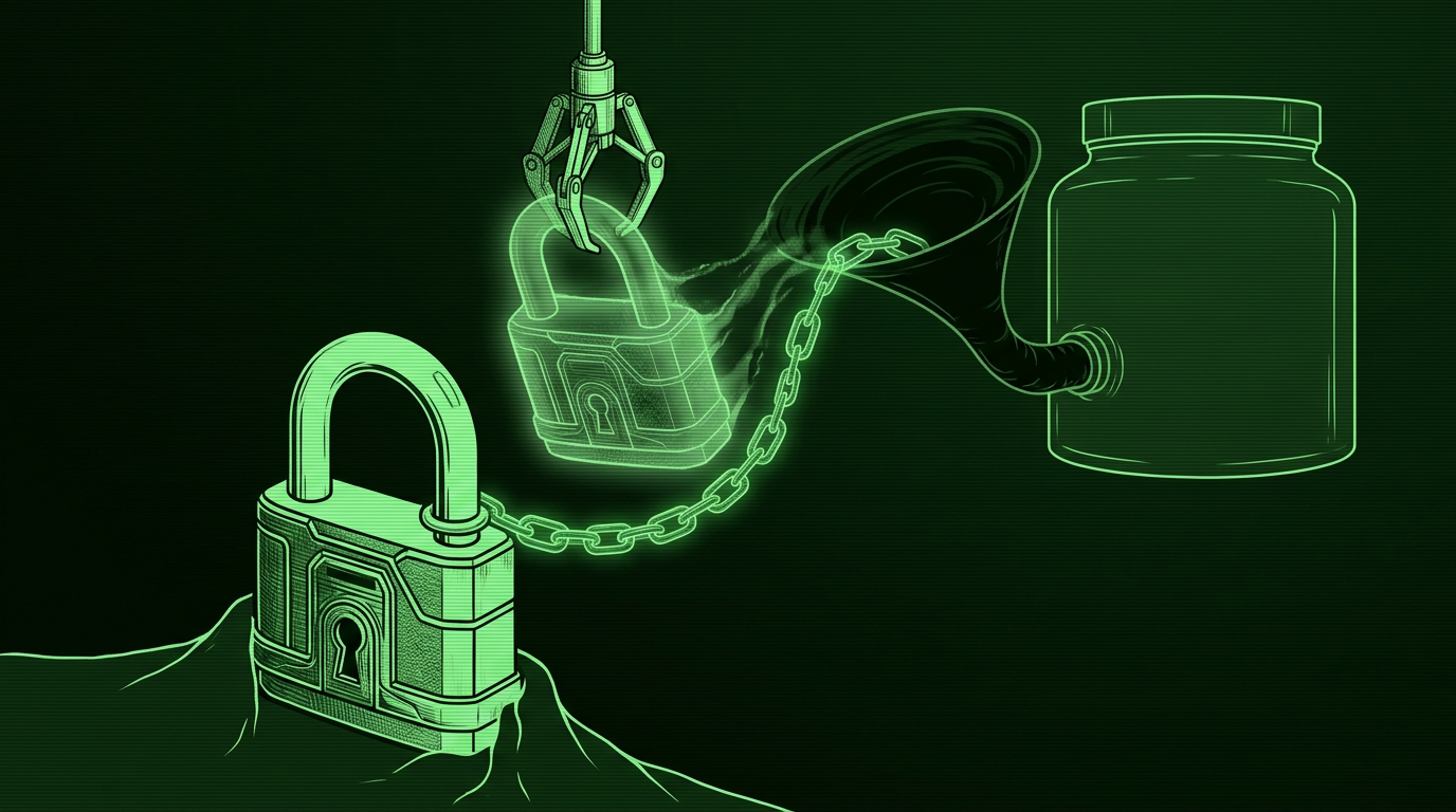 Ghost padlock pulled through a funnel by a mechanical claw, monochrome green illustration