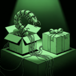 Mechanical centipede rising from an open box beside a wrapped gift, monochrome green illustration