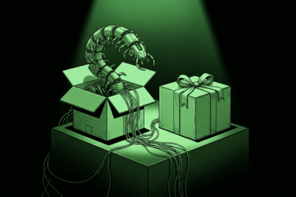 Mechanical centipede rising from an open box beside a wrapped gift, monochrome green illustration