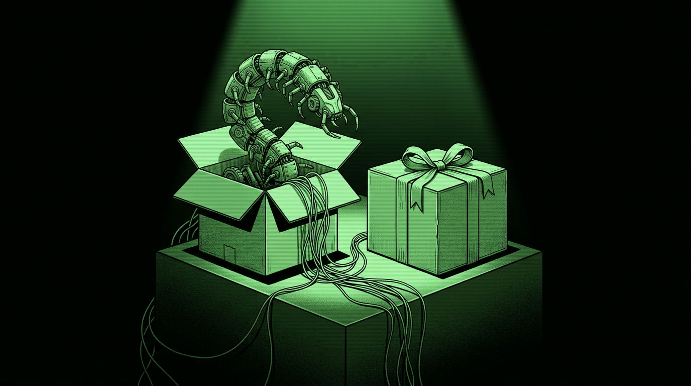 Mechanical centipede rising from an open box beside a wrapped gift, monochrome green illustration