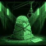 Chained crystalline brain beneath a mechanical claw in a dark hall, monochrome green illustration