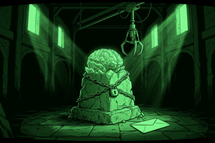 Chained crystalline brain beneath a mechanical claw in a dark hall, monochrome green illustration