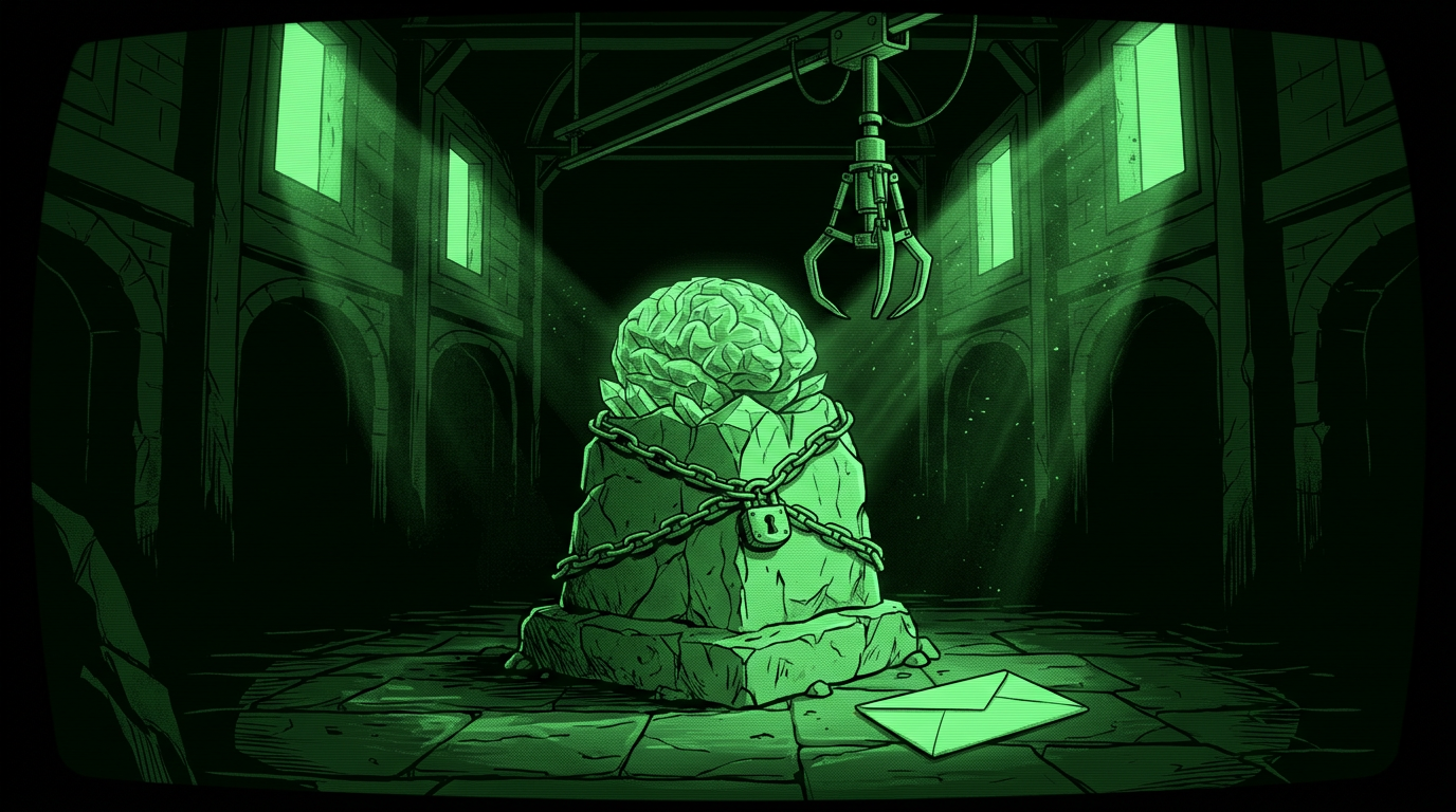 Chained crystalline brain beneath a mechanical claw in a dark hall, monochrome green illustration