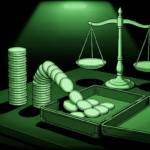 Coin columns spilling into a briefcase beside scales of justice, monochrome green illustration