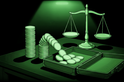 Coin columns spilling into a briefcase beside scales of justice, monochrome green illustration