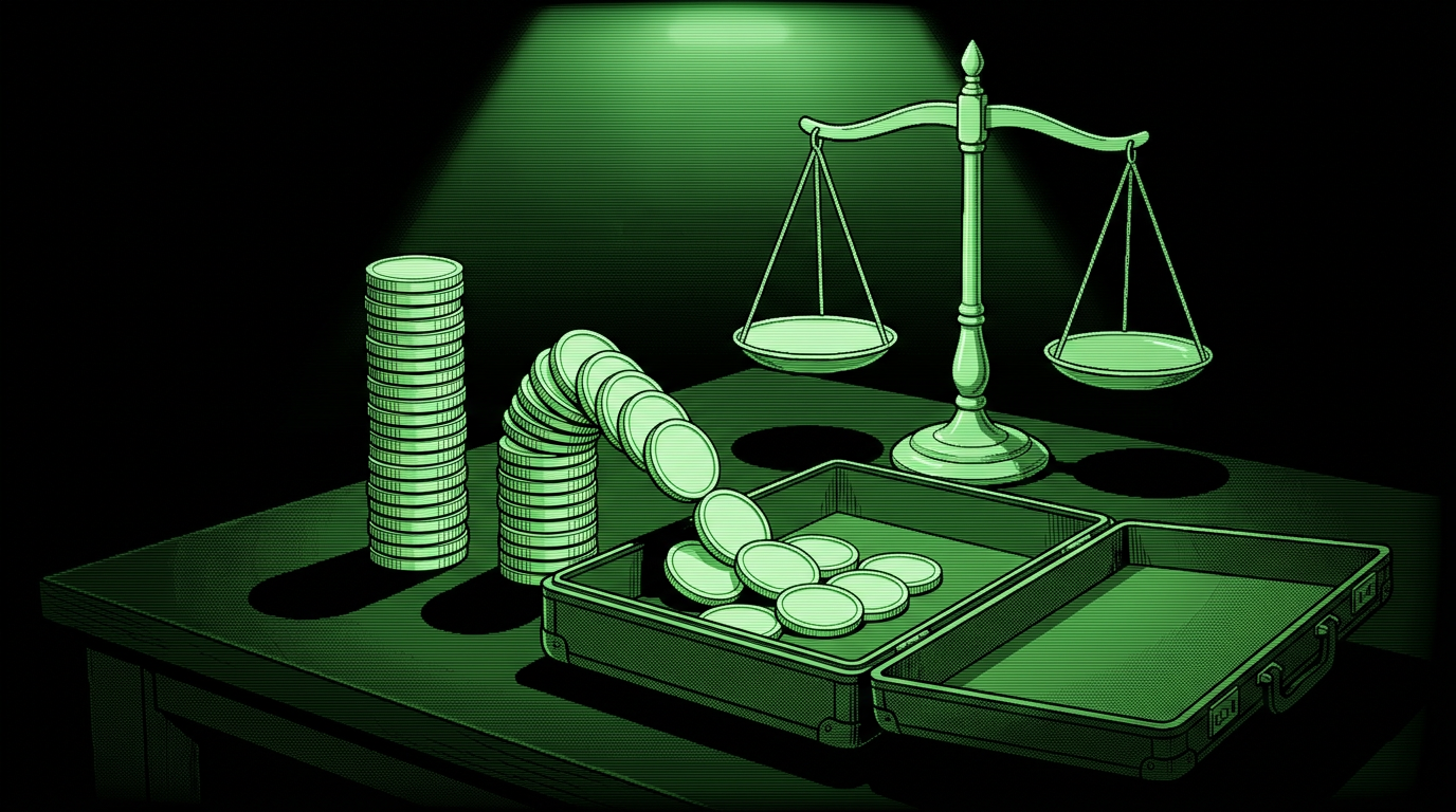 Coin columns spilling into a briefcase beside scales of justice, monochrome green illustration