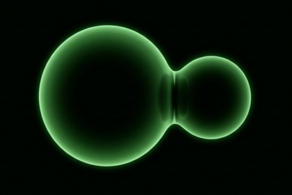 Two joined glowing green spheres merging into one form