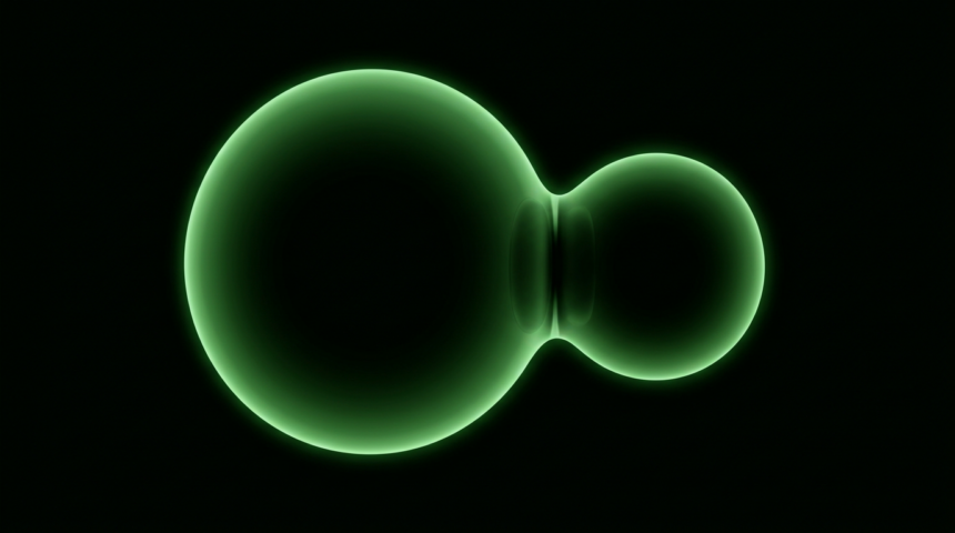 Two joined glowing green spheres merging into one form