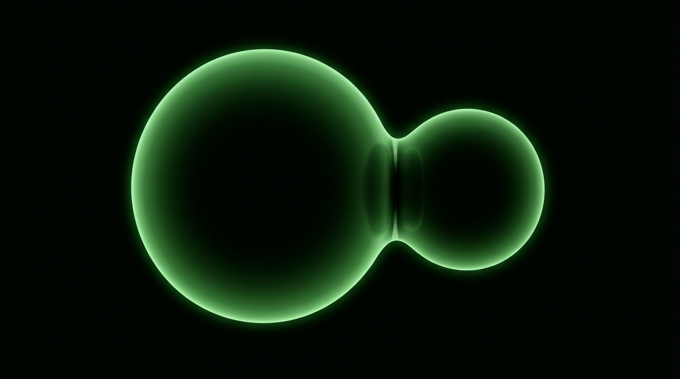 Two joined glowing green spheres merging into one form