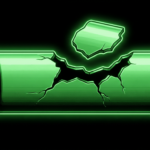 Fractured glowing green cylinder floating in darkness
