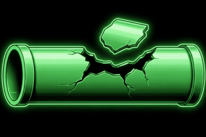 Fractured glowing green cylinder floating in darkness