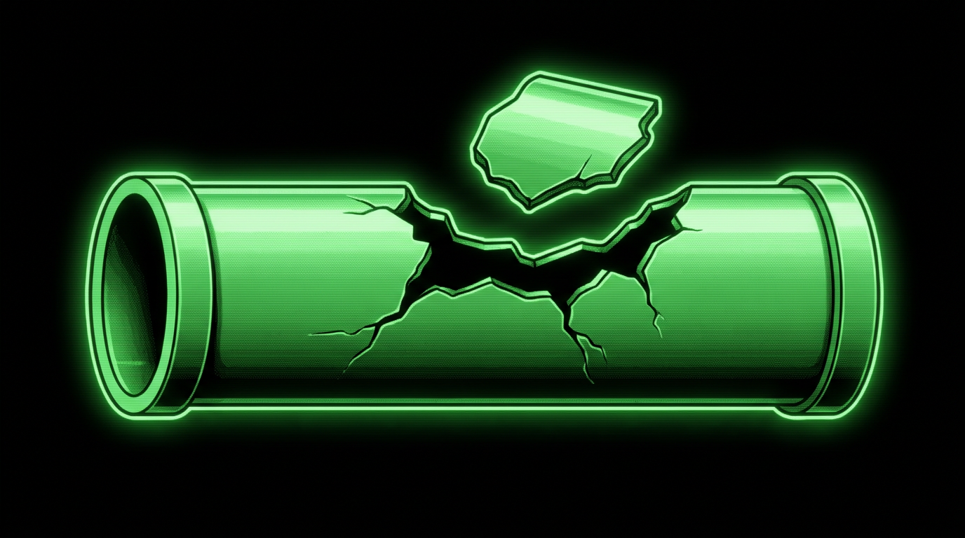 Fractured glowing green cylinder floating in darkness