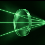 Three green light beams converging through a single lens into one point