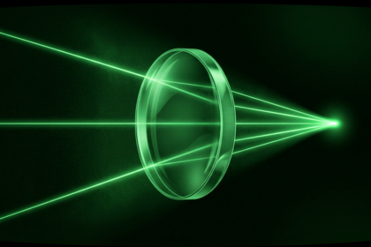 Three green light beams converging through a single lens into one point