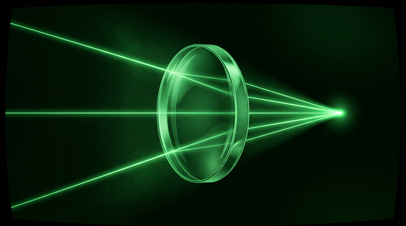 Three green light beams converging through a single lens into one point