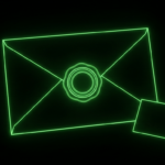 Glowing green envelope outline with a concentric ring seal in darkness
