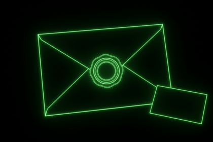 Glowing green envelope outline with a concentric ring seal in darkness