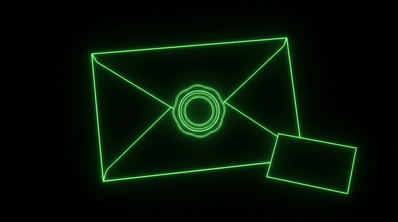 Glowing green envelope outline with a concentric ring seal in darkness