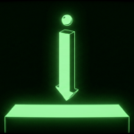 Green geometric forms showing a sphere above a descending column and platform