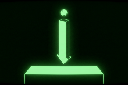 Green geometric forms showing a sphere above a descending column and platform