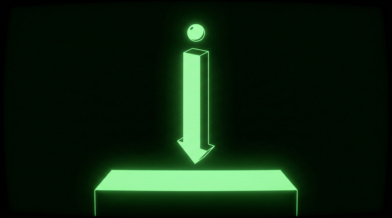 Green geometric forms showing a sphere above a descending column and platform