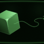 Glowing green cube threading a line toward a distant needle
