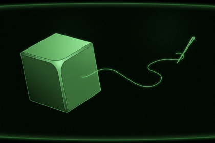 Glowing green cube threading a line toward a distant needle