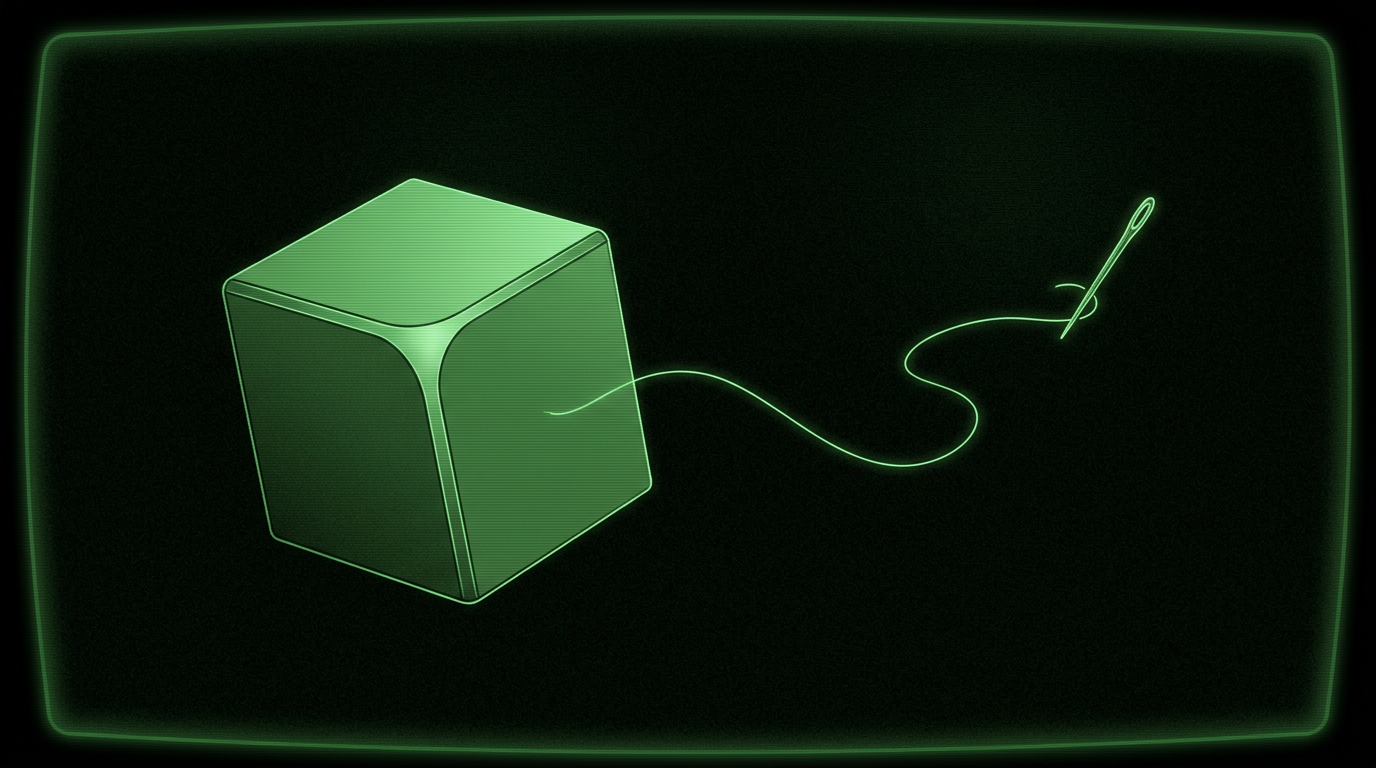 Glowing green cube threading a line toward a distant needle
