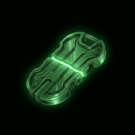 Glowing green key-type token split by a seam in a black void